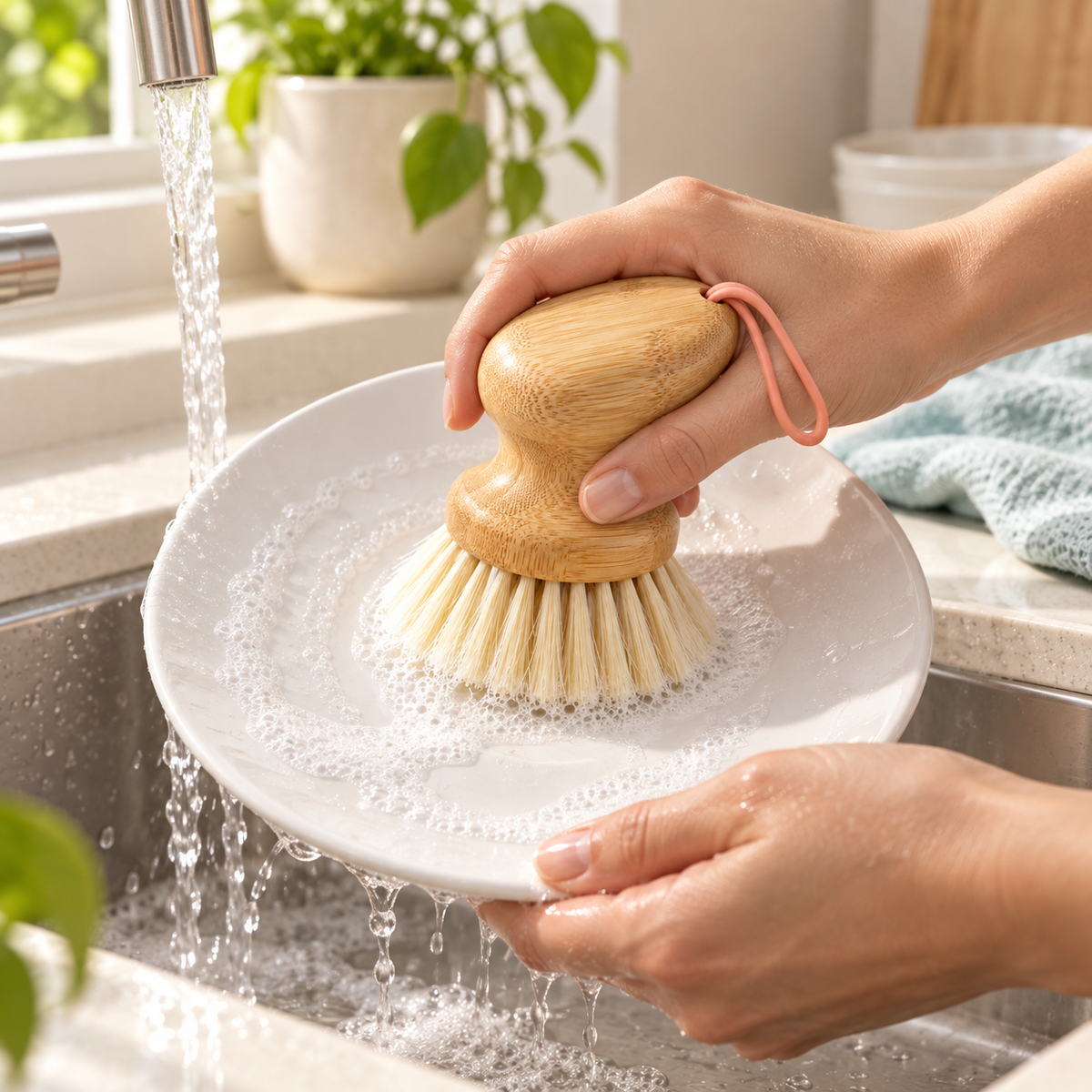 Bamboo dish brush cleaning a white plate at a bright kitchen sink