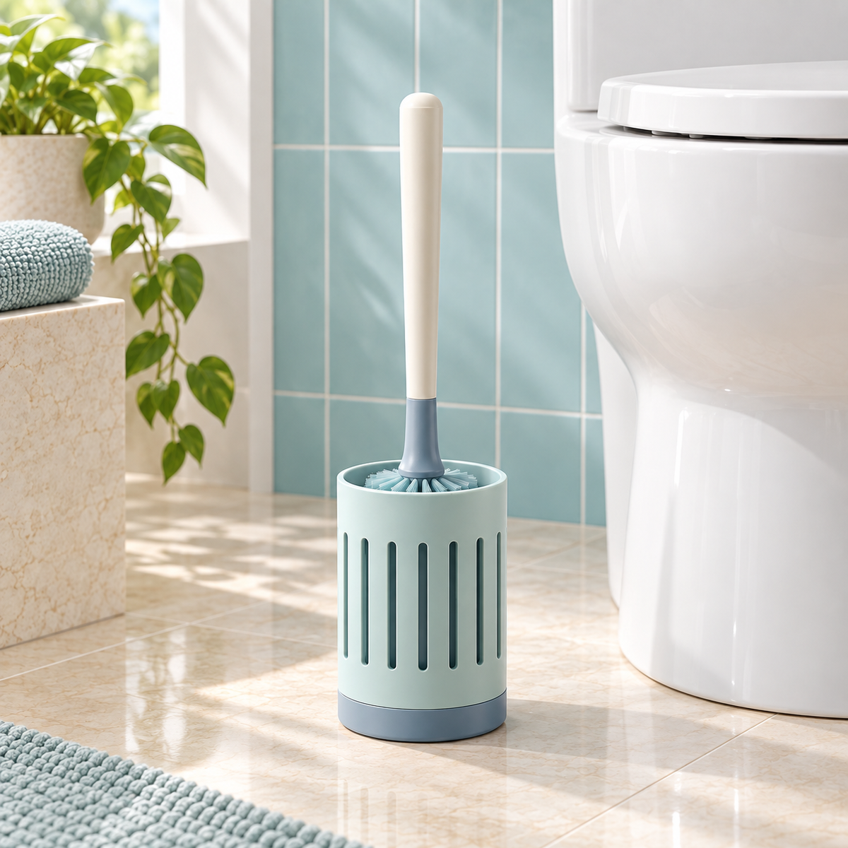 Ventilated toilet brush holder placed beside a clean modern toilet