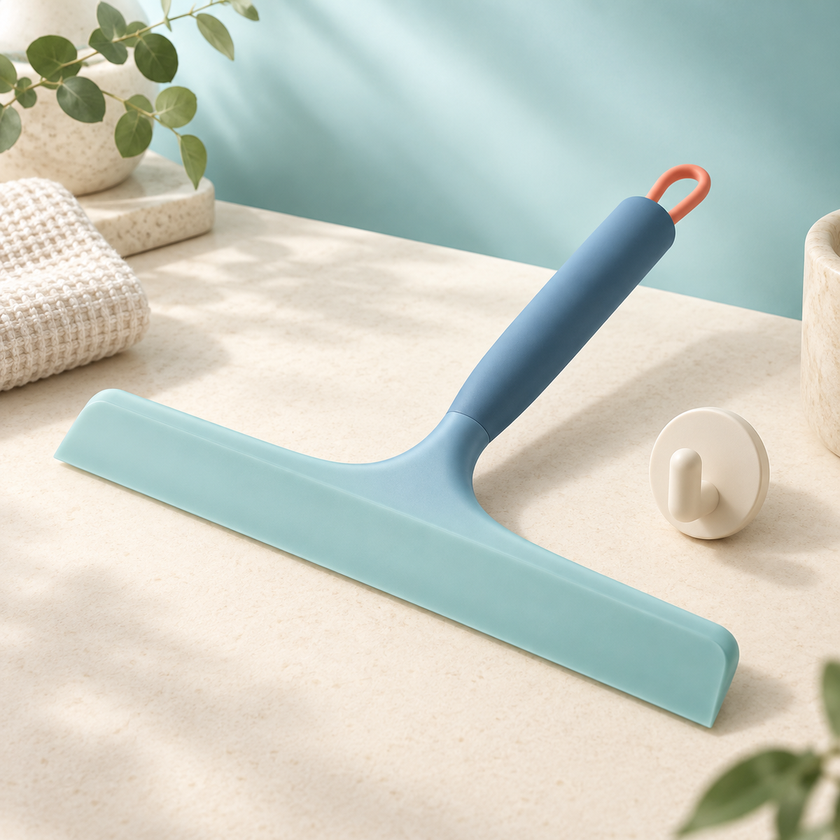 ClearEdge wide pale-aqua silicone shower squeegee and wall hook