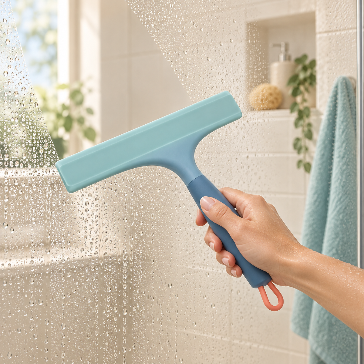 Silicone shower squeegee clearing water droplets from glass