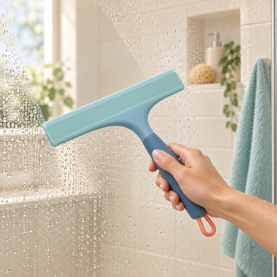 Silicone shower squeegee clearing water droplets from glass