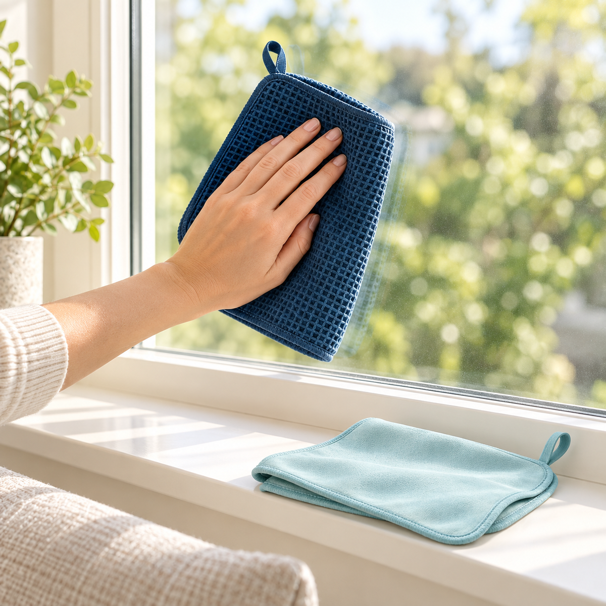 Mineral-blue textured cloth used on a bright household window