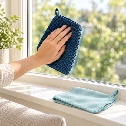 Mineral-blue textured cloth used on a bright household window