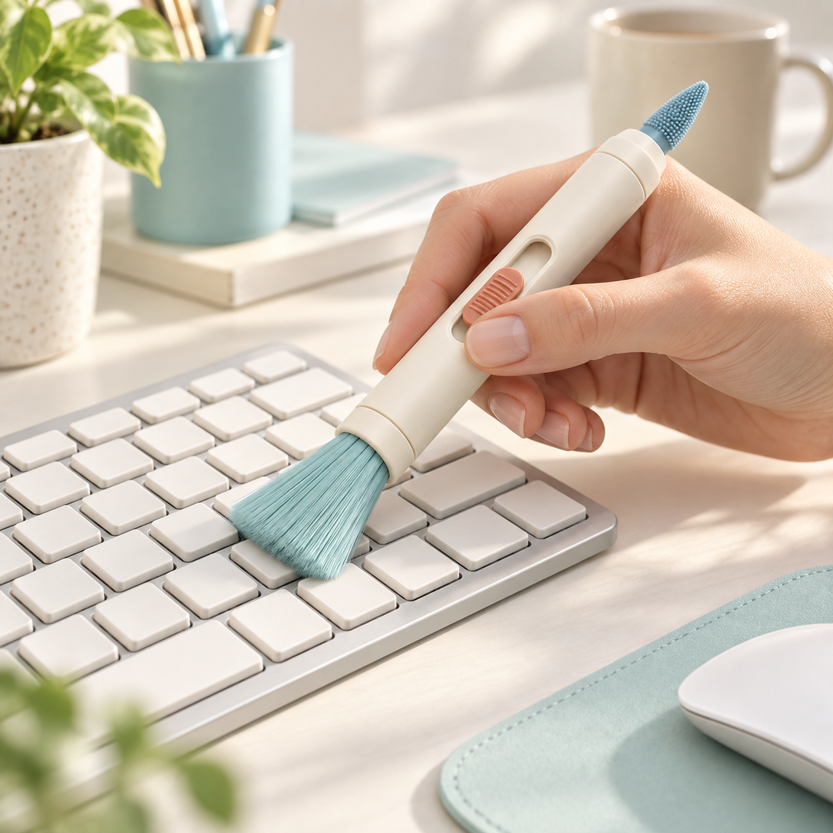 Soft detail brush cleaning the grooves of an unbranded keyboard