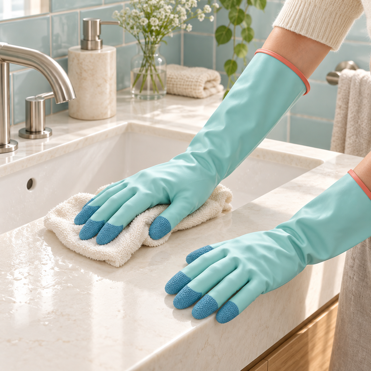 Long-cuff cleaning gloves wiping a bright bathroom sink