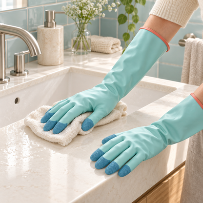 Long-cuff cleaning gloves wiping a bright bathroom sink