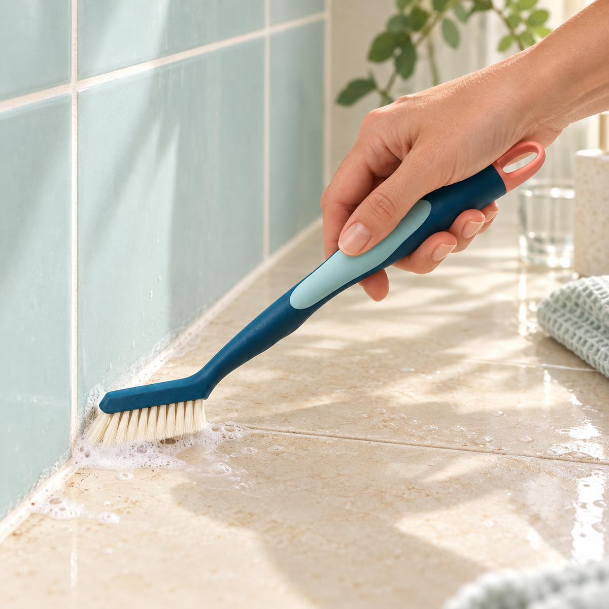 Angled detail brush cleaning a pale tile grout corner