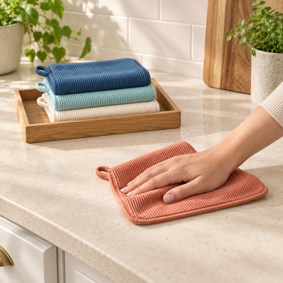 Muted-coral surface cloth used on a bright kitchen countertop