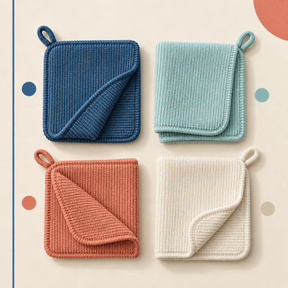 Four reusable surface cloths arranged as a simple color-coding system