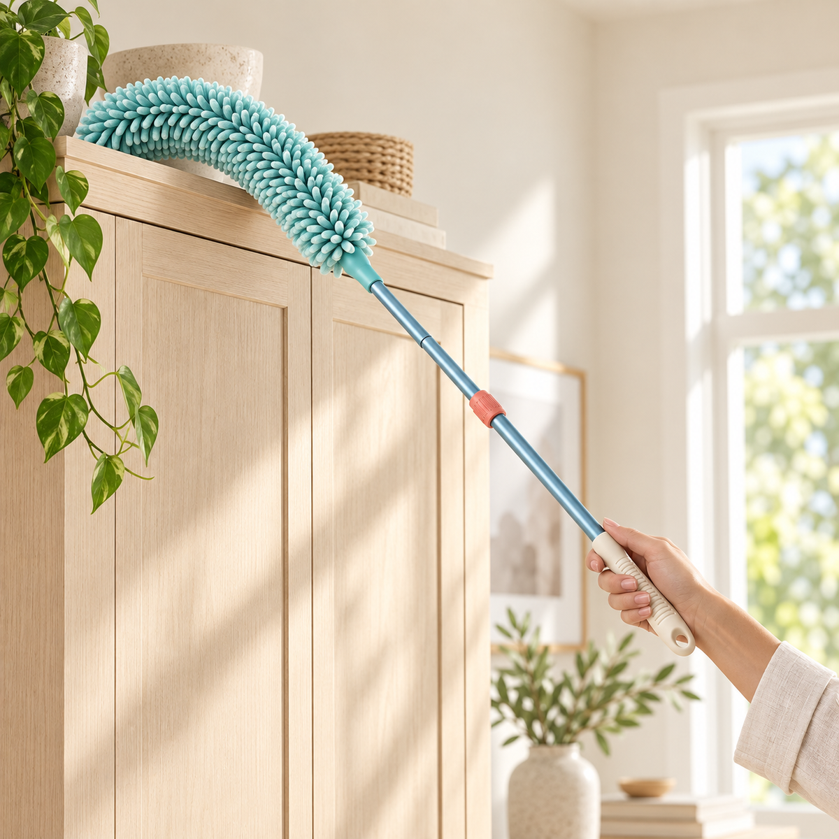 Flexible extendable duster cleaning the top of a tall cabinet