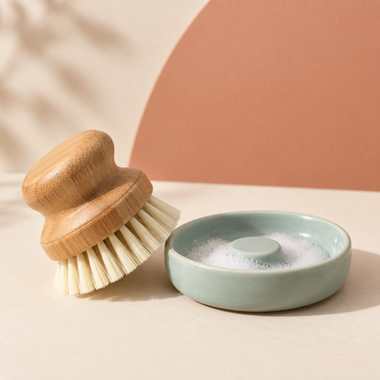 FoamNest bamboo dish brush and pale-green ceramic resting tray