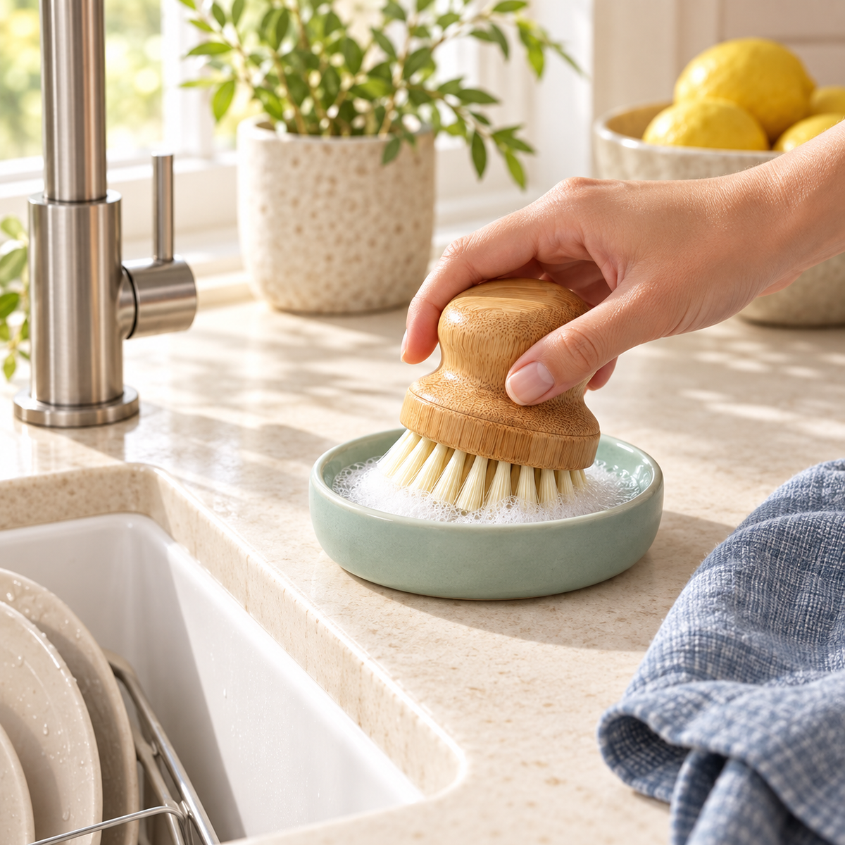 Dish brush picking up light foam from its tray beside a kitchen sink