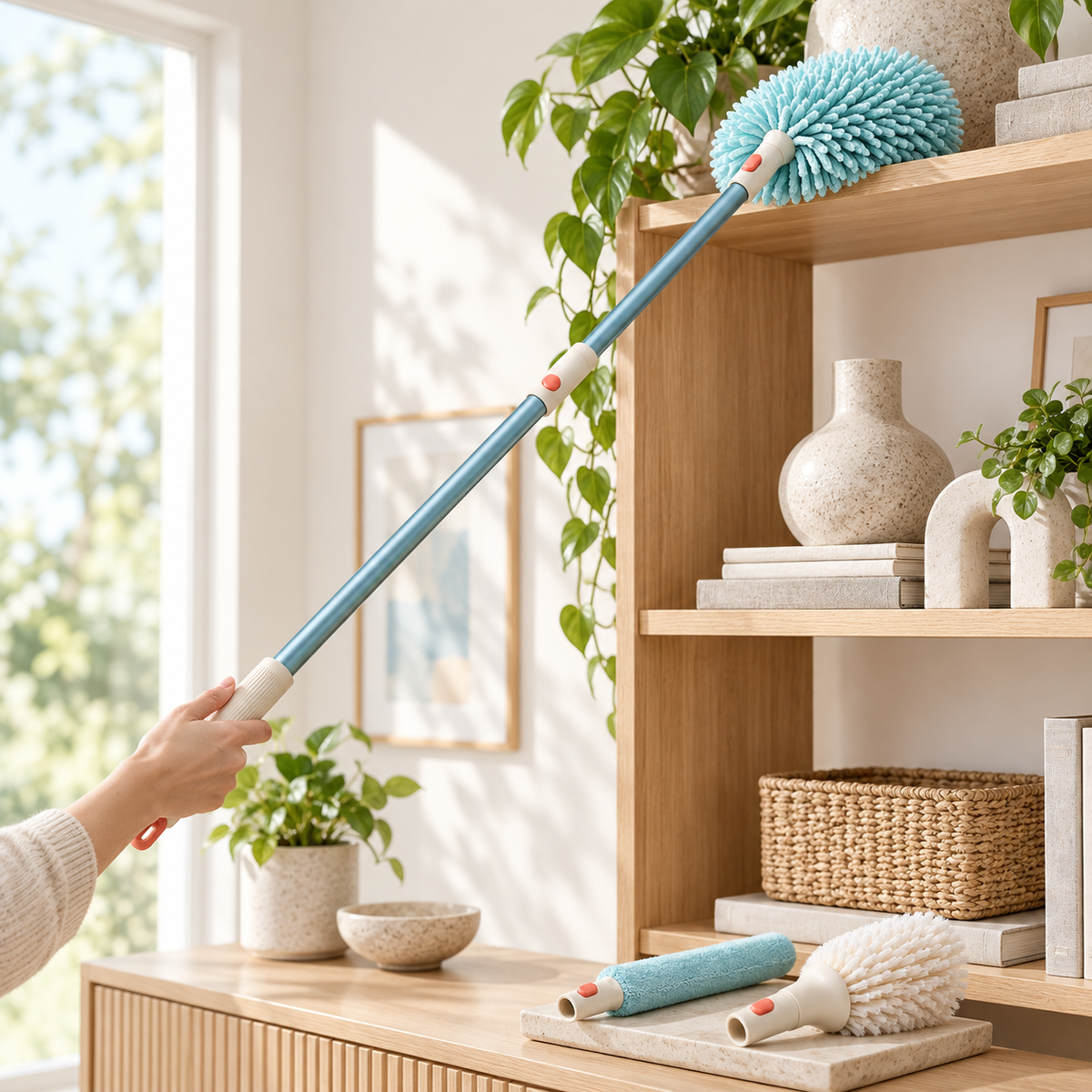 Multi-head dusting set used on a high shelf with spare heads nearby