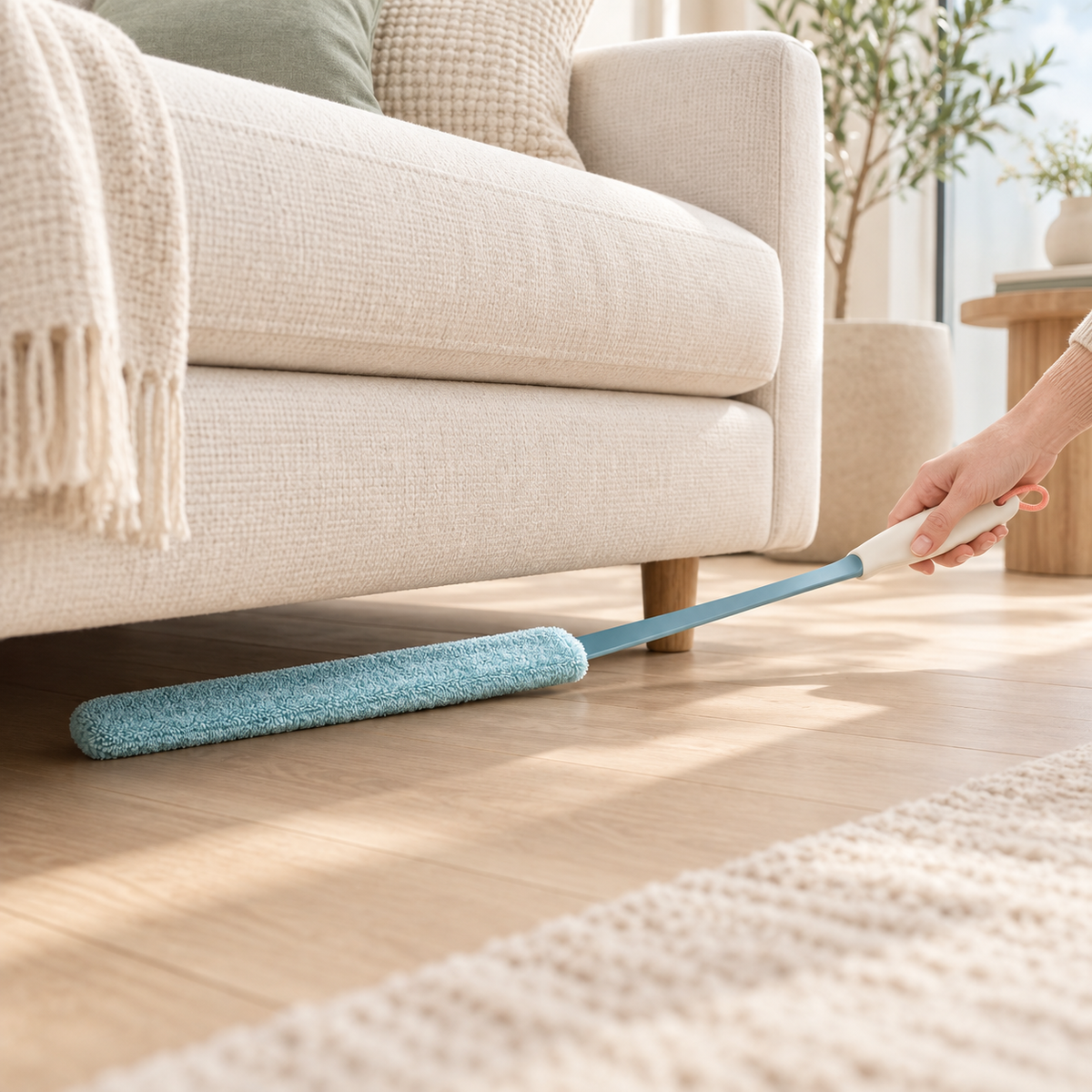 Low-profile microfiber duster reaching beneath a warm-ivory sofa