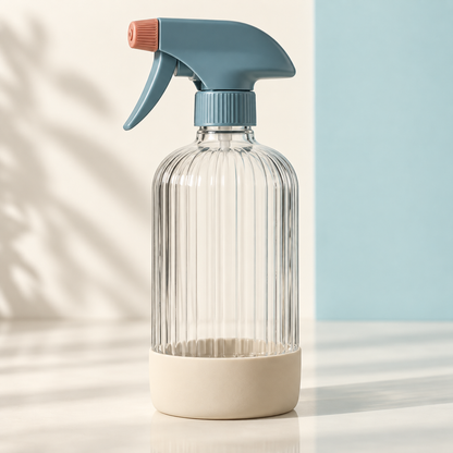 RefillReady fluted glass spray bottle with mineral-blue trigger