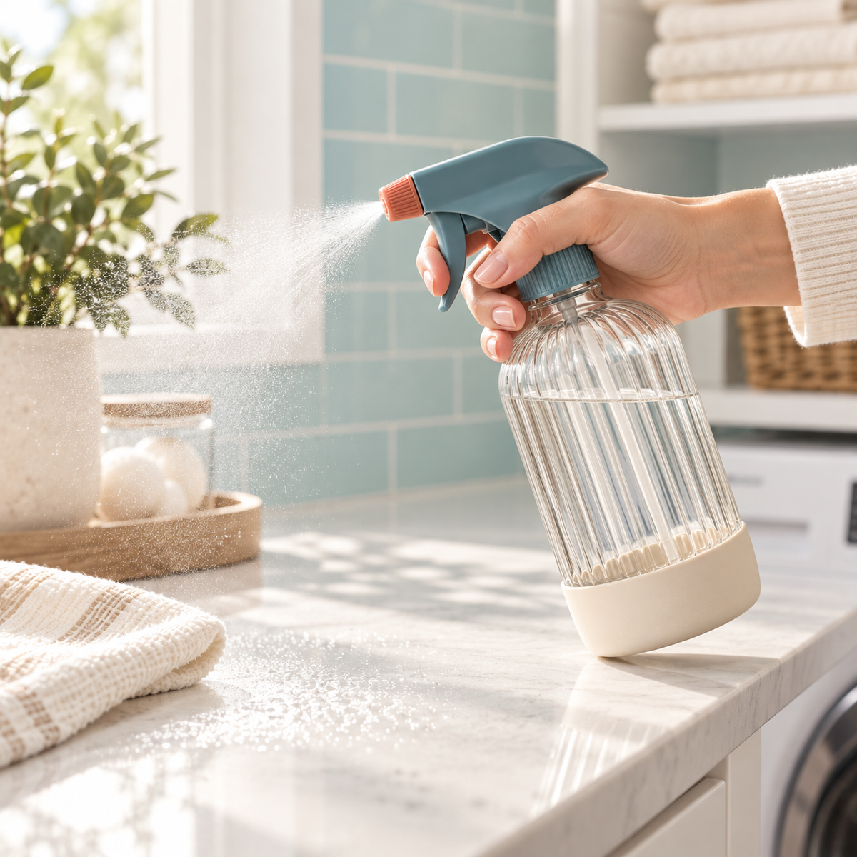 Refillable glass spray bottle misting a washable utility-room counter