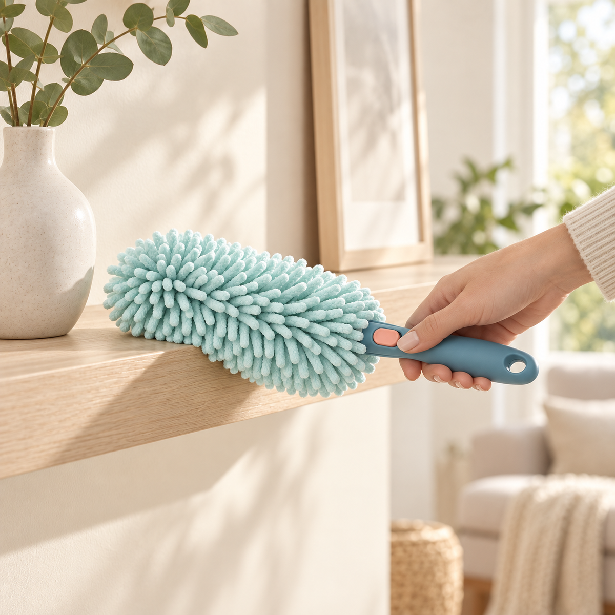 Compact microfiber duster used gently on a pale wood shelf
